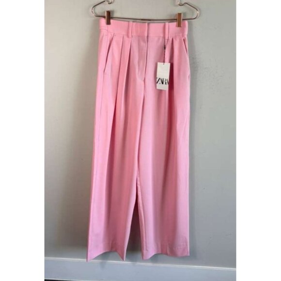 NWT Zara Womens Wide Leg High Rise Pleated Front Trousers Pink Pants Size S - Picture 1 of 11